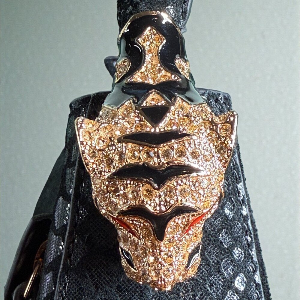 Sharif Suede & Leather Python Embossed Patchwork Gold Tiger Head Shoulder Bag - Picture 9 of 16